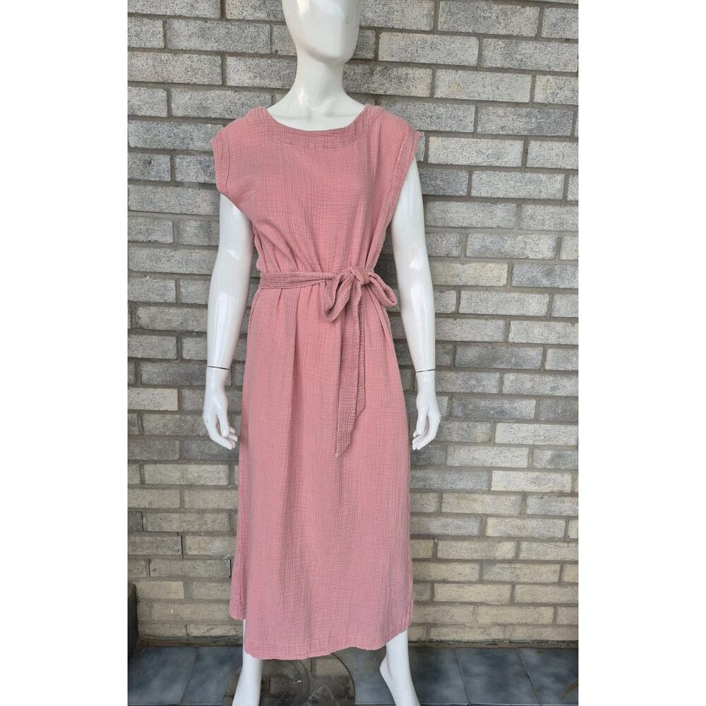 Faherty Pink Midi Dress Organic Cotton Gauze Tie Waist Boho Beach Womens L